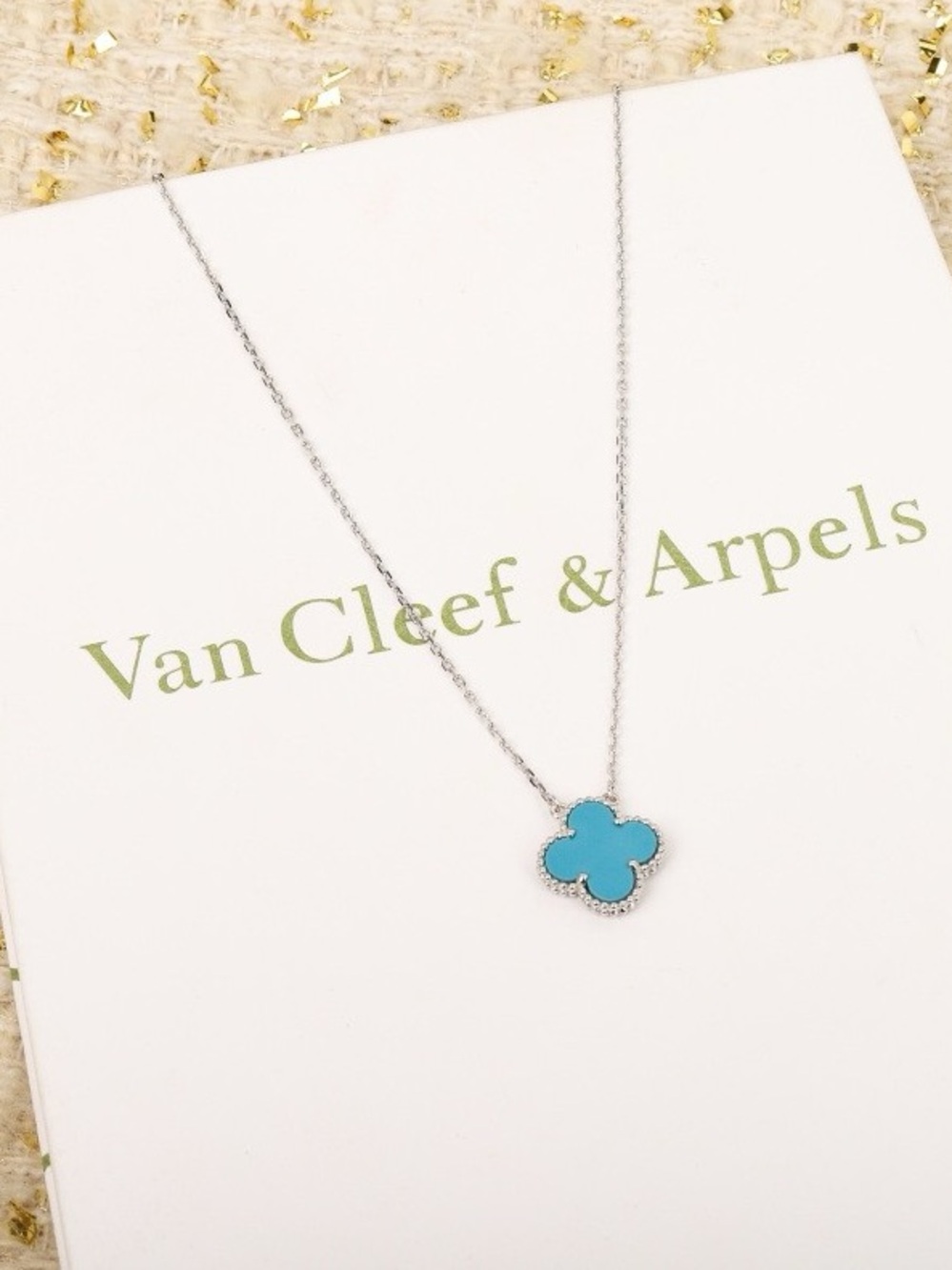 Van Cleef & Arpels Turquoise Alhambra Clover Necklace in Silver